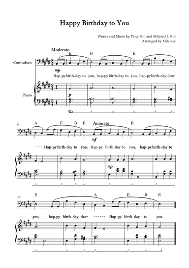 Happy Birthday to You | String Bass| E Major | Piano accompaniment | Pedal | Chords | Lyrics (arr. Milanov)