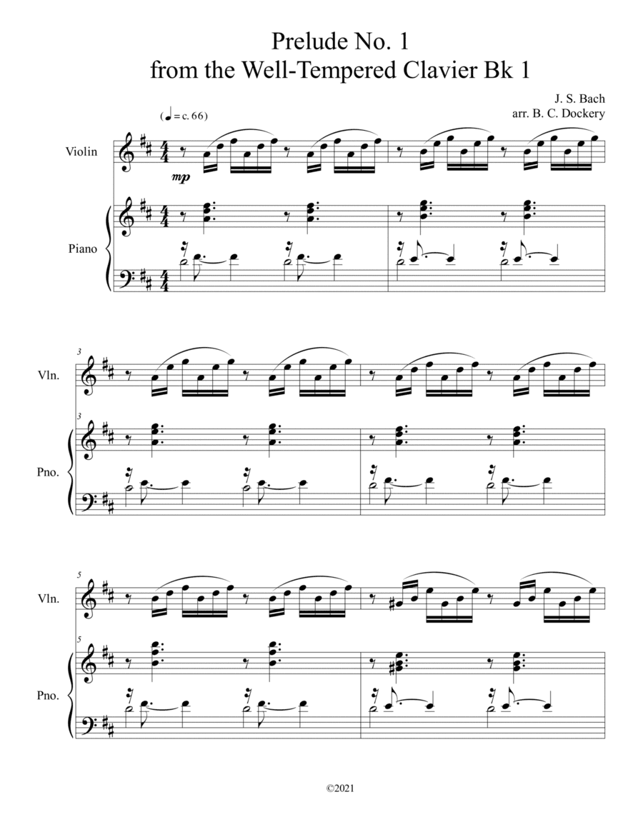 Prelude No.1 from The Well-Tempered Clavier Book 1 BWV 846 (Violin Solo) with piano accompaniment (arr. B. C. Dockery)
