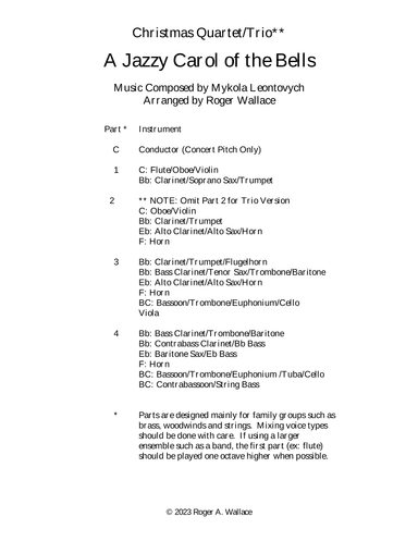 Carol of the Bells (Jazz Waltz for Woodwind Trio) (arr. Roger Wallace)