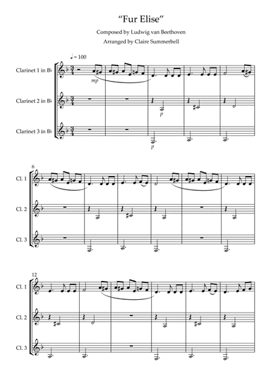 Fur Elise - Easy Clarinet Trio (arr. Claire Summerbell)