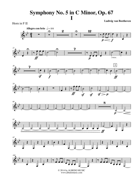Beethoven Symphony No. 5, Movement I - Horn in F 2 (Transposed Part), Op. 67 (arr. Doug Clyde)