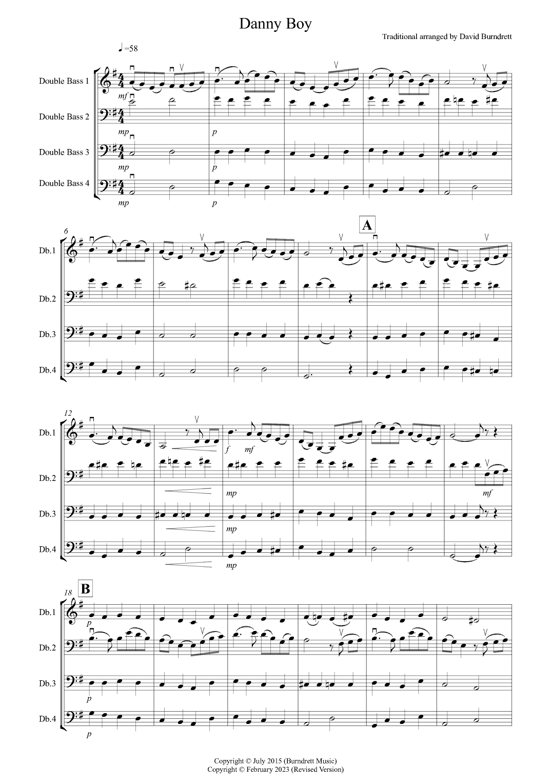 Danny Boy for Double Bass (mixed standard) Quartet (arr. David Burndrett)