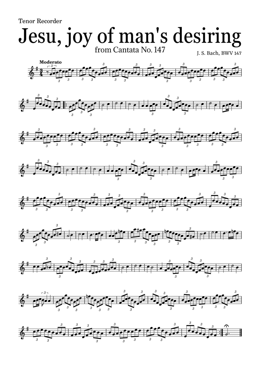JESU, JOY OF MAN'S DESIRING by Bach - easy version for Tenor Recorder and piano with chords (arr. Leyandder Trustworthy)