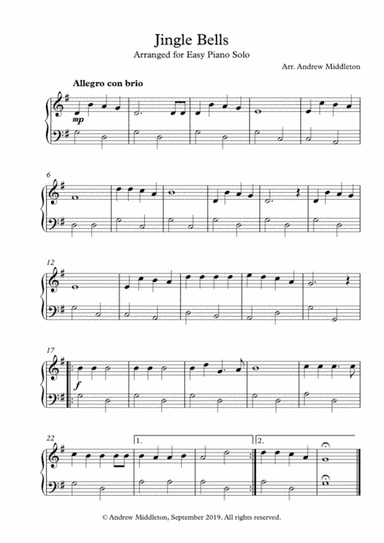 Jingle Bells arranged for Easy Piano Solo (arr. Andrew Middleton)