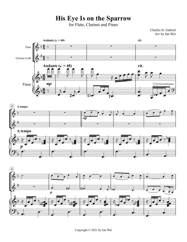 His Eye Is on the Sparrow for Flute, Clarinet and Piano (arr. Ian Wei)