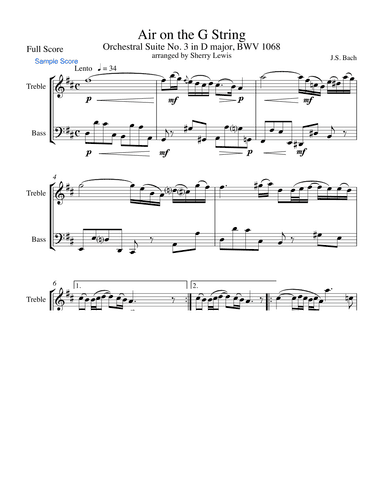 AIR ON THE G STRING Intermediate Level for Duo for any treble instrument and one bass instrument of (arr. Sherry Lewis)