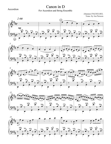 "Pachelbel Canon in D" for Accordion & String Ensemble - Set of 6 Parts (arr. Jon Persson)