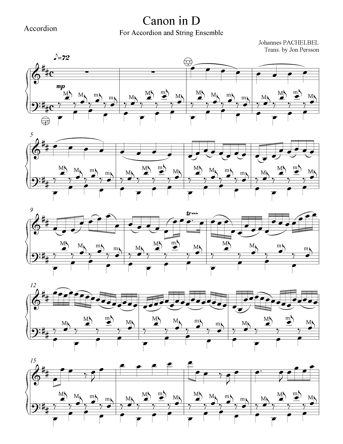 "Pachelbel Canon in D" for Accordion & String Ensemble - Set of 6 Parts (arr. Jon Persson)