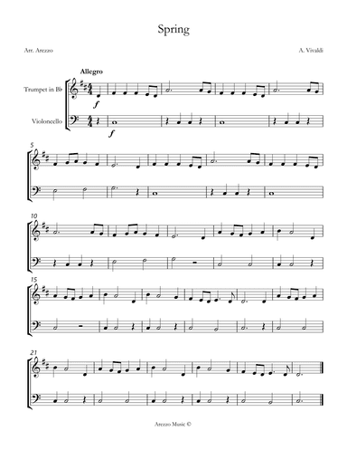 vivaldi spring easy Trumpet and Cello sheet music (arr. Arezzo Music)