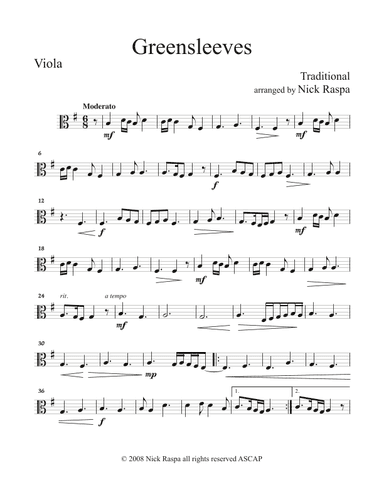 Greensleeves (variations for String Orchestra) Viola part (arr. Nick Raspa)