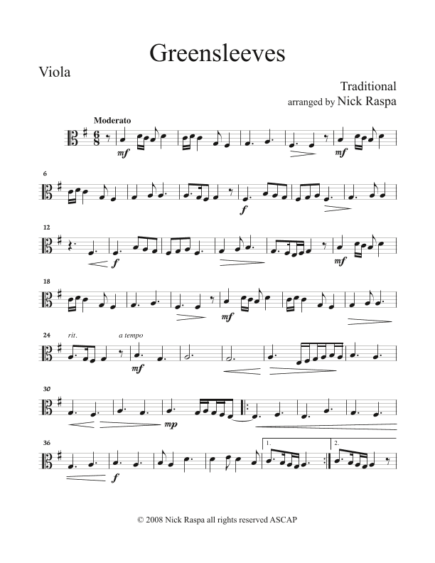 Greensleeves (variations for String Orchestra) Viola part (arr. Nick Raspa)