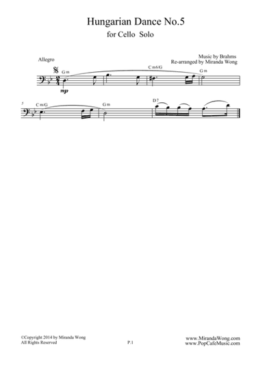 Hungarian Dance No.5 in G Minor - Cello Solo (Easy Version) (arr. Miranda Wong)