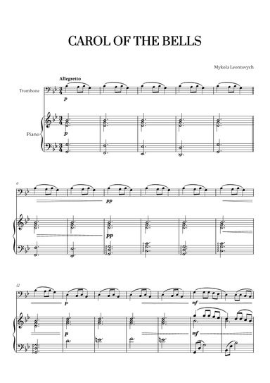 Carol of the Bells (Very Easy/Beginner) (for Trombone and Piano) (arr. Cadenza Editions)