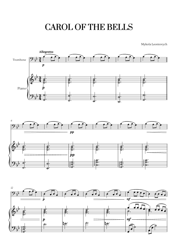 Carol of the Bells (Very Easy/Beginner) (for Trombone and Piano) (arr. Cadenza Editions)