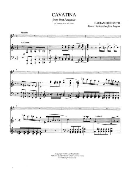Cavatina from Don Pasquale for Trumpet & Piano (arr. Bergler, Geoffrey)