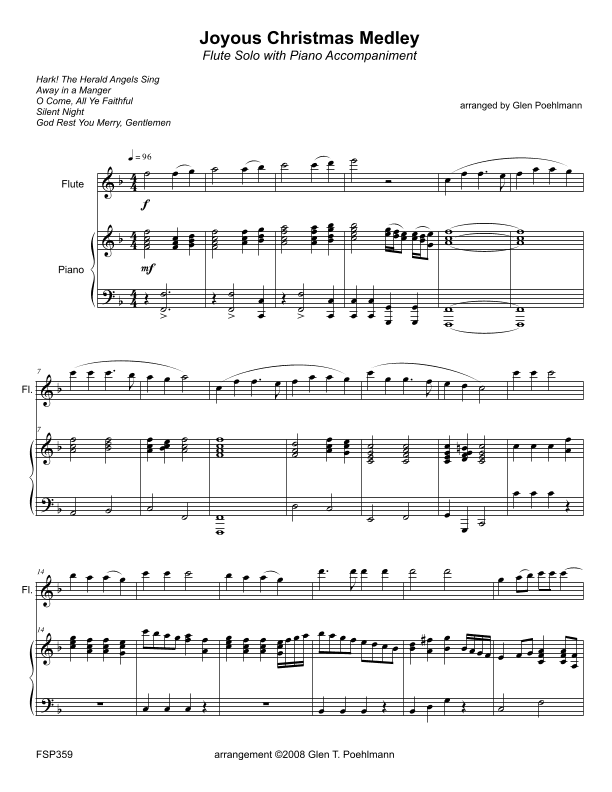 JOYOUS CHRISTMAS MEDLEY - FLUTE SOLO with Piano Accompaniment (5 Carol Medley) (arr. Glen Poehlmann)