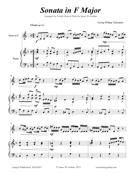 Telemann: Sonata in F Major for French Horn & Piano (arr. James M. Guthrie, ASCAP)