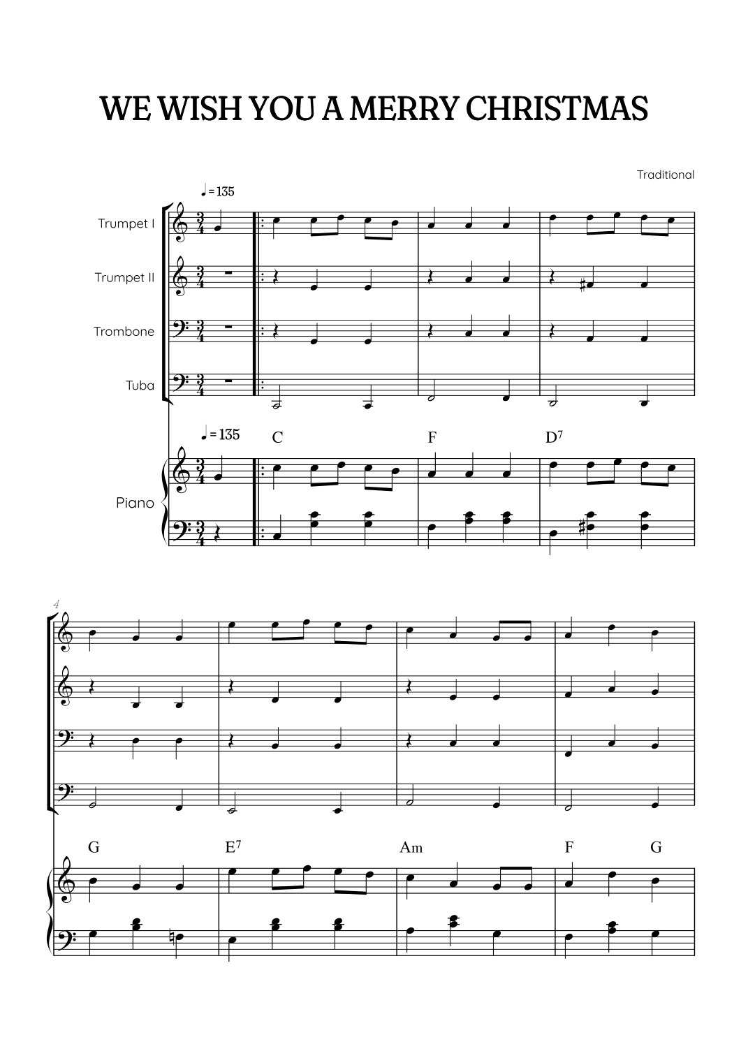 We Wish You a Merry Christmas for Brass Quartet & Piano • easy Christmas sheet music w/ chords (arr. Benzaiten Editions)