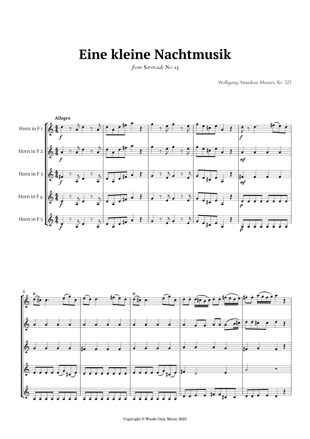 Eine kleine Nachtmusik by Mozart for French Horn Quintet (arr. Ander)