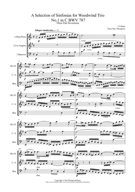 Bach: A Selection of Sinfonias (Three part Inventions) for Woodwind Trio (arr. Ray Thompson)