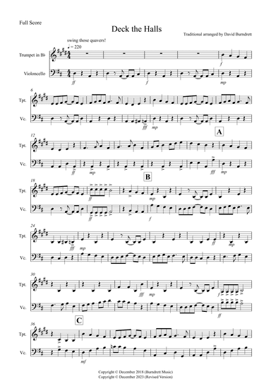 Deck the Halls (Jazzy Style!) for Trumpet and Cello Duet (arr. David Burndrett)