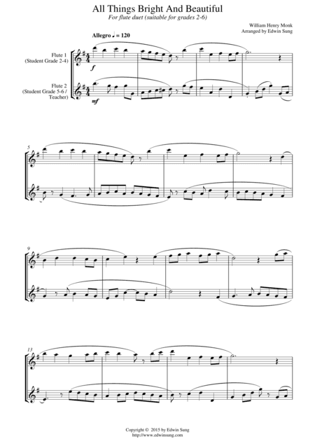 All Things Bright And Beautiful (for flute duet, suitable for grades 2-6) (arr. Edwin Sung)