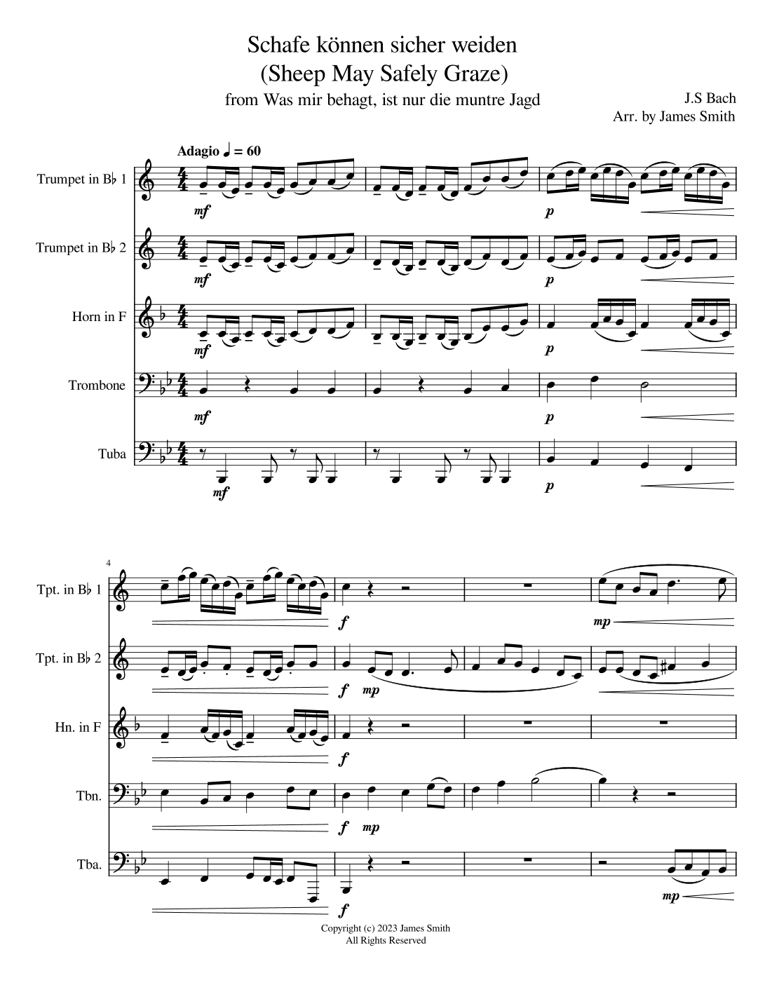 Schafe können sicher weiden (Sheep May Safely Graze) for Brass Quintet (arr. James Smith)