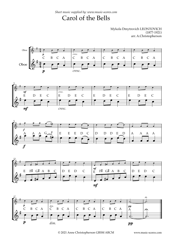 Carol of the Bells - Easy Oboe with note names (arr. Anne L Christopherson GRSM ARCM)