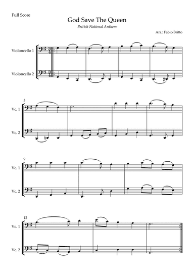 God Save The Queen (British National Anthem) for Cello Duo (arr. Fabio Britto)