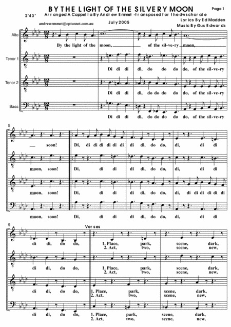 By the light of the silvery moon for men's voices (arr. Andrew Emmet, David Warin Solomons)