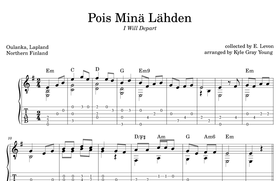 Pois Minä Lähden (I Will Depart) (guitar tab) (arr. Kyle Gray Young)
