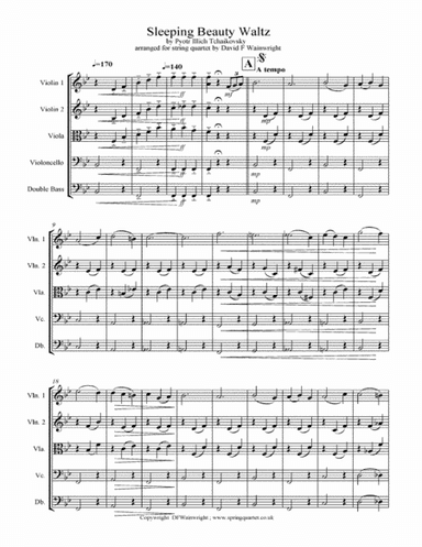 Sleeping Beauty Waltz by Tchaikovsky arranged for string quartet with optional bass part; score & pa (arr. David F Wainwright)