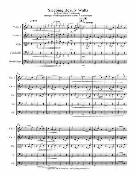 Sleeping Beauty Waltz by Tchaikovsky arranged for string quartet with optional bass part; score & pa (arr. David F Wainwright)