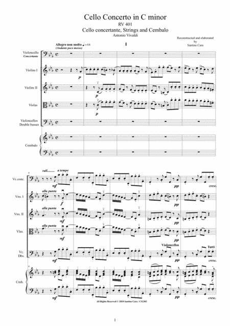 Vivaldi - Cello Concerto in C minor RV 401 for Cello solo, Strings and Cembalo (arr. Santino Cara)