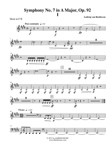 Beethoven Symphony No. 7, Movement I - Horn in F 2 (Transposed Part), Op. 92 (arr. Doug Clyde)