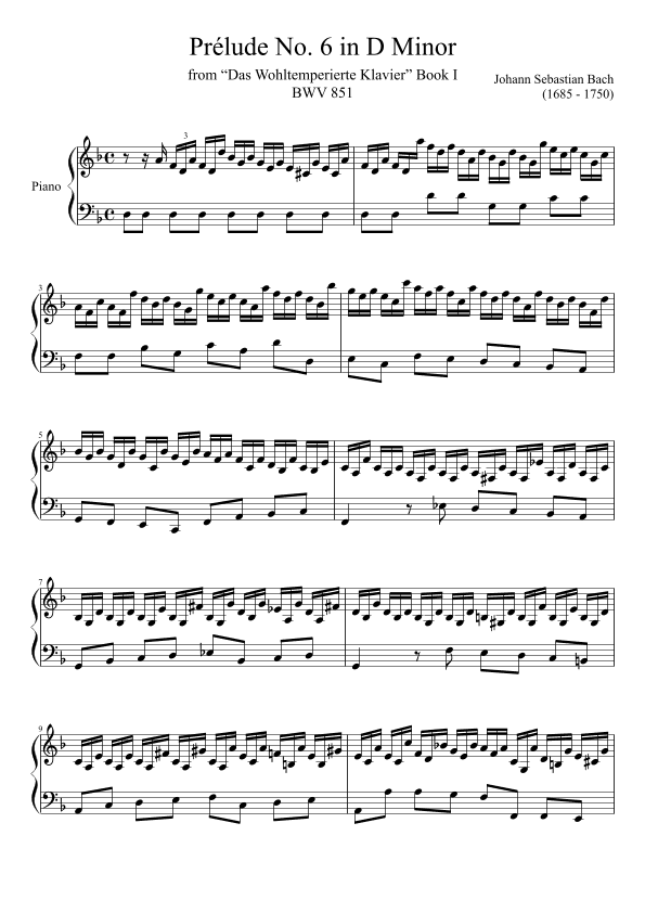 Prelude No. 6 BWV 851 in D Minor (arr. Zachary Corbett)