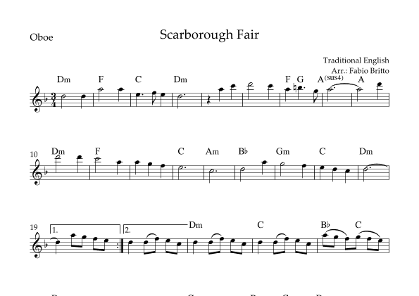 Scarborough Fair for Oboe Solo with Chords (arr. Fabio Britto)