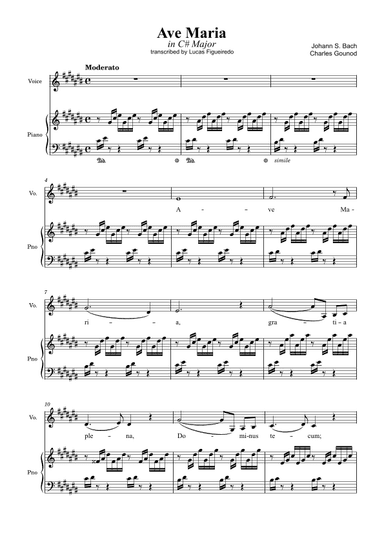 Ave Maria (Bach-Gounod) in C# Major for Piano and Voice (arr. Lucas Figueiredo)
