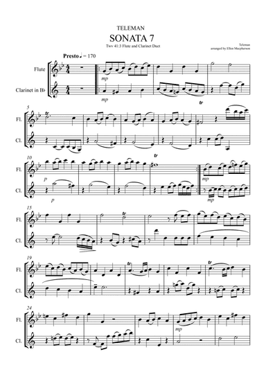 "Presto" by Teleman for Flute and Clarinet Duet (arr. Ellen Macpherson)