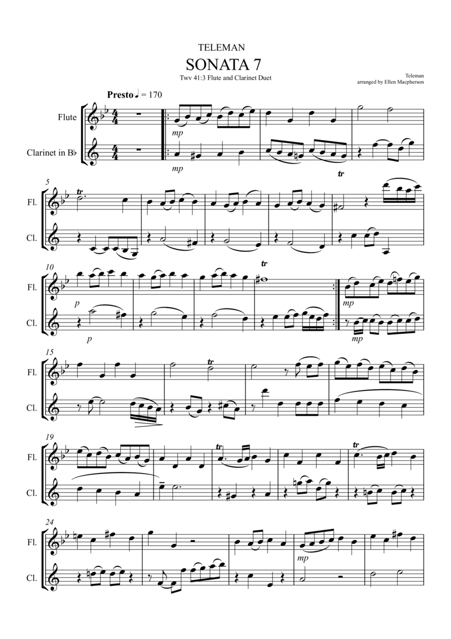 "Presto" by Teleman for Flute and Clarinet Duet (arr. Ellen Macpherson)