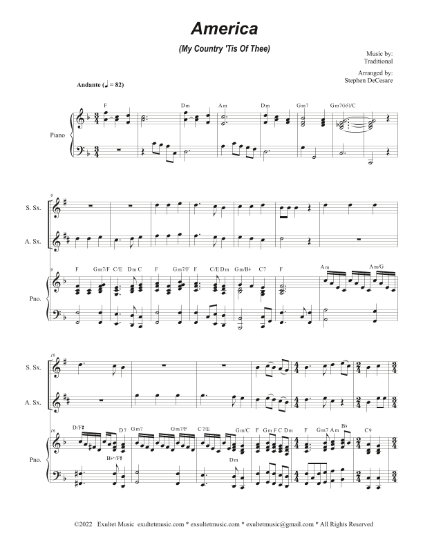 America (My Country, 'Tis of Thee) (Duet for Soprano and Alto Saxophone) (arr. Stephen DeCesare)