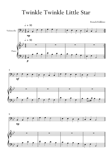 Twinkle Twinkle Little Star for Cello (Violoncello) and Piano in Bb Major. Very Easy. (arr. Matheus Araújo)