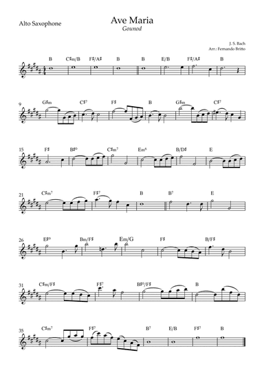 Ave Maria (Gounod) for Alto Saxophone Solo with Chords (D Major) (arr. Fernando Britto)