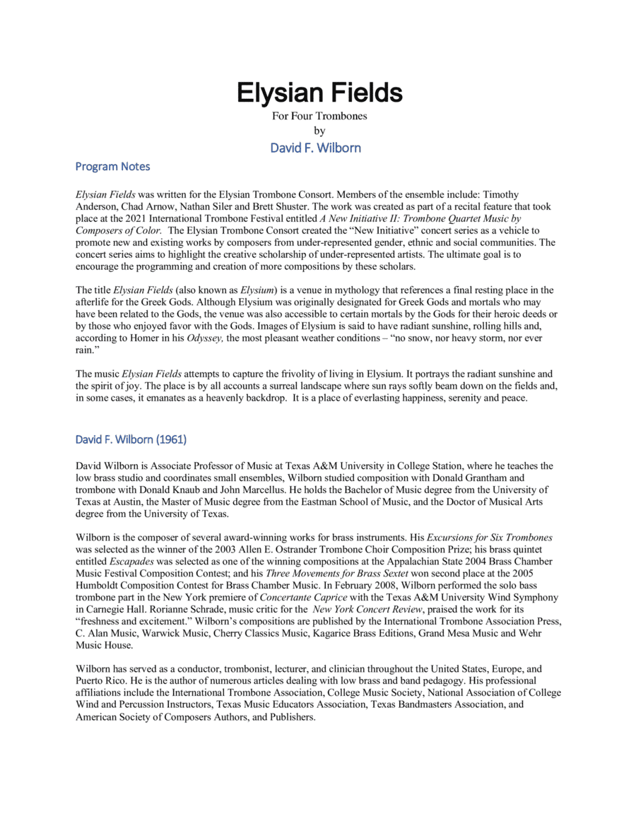 Elysian Fields for Trombone Quartet