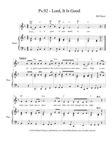 Psalm 92:  Lord, It Is Good (piano/vocal)