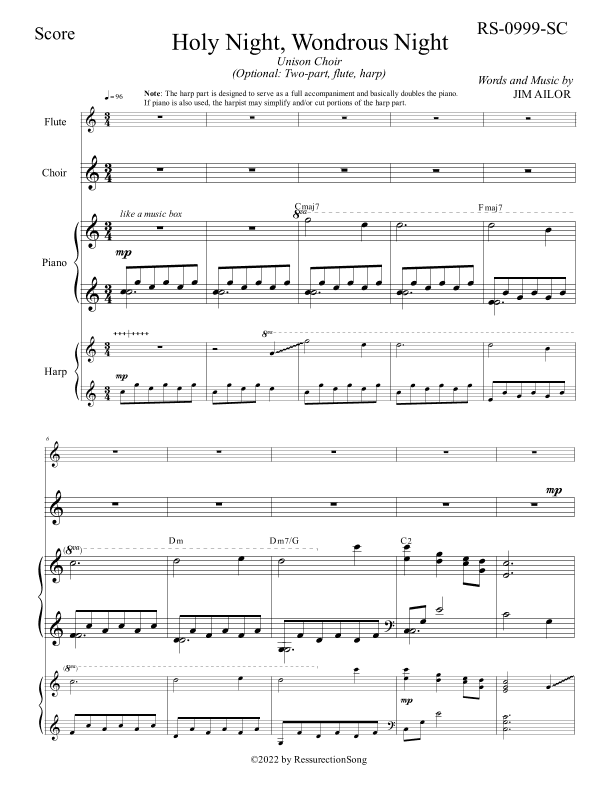 Holy Night, Wondrous Night SCORE (Unison Choir, Optional: Two-part Choir, Flute, Harp)