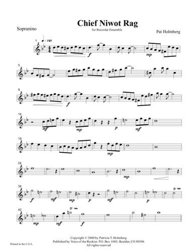 Chief Niwot Rag for Recorder Ensemble - Parts