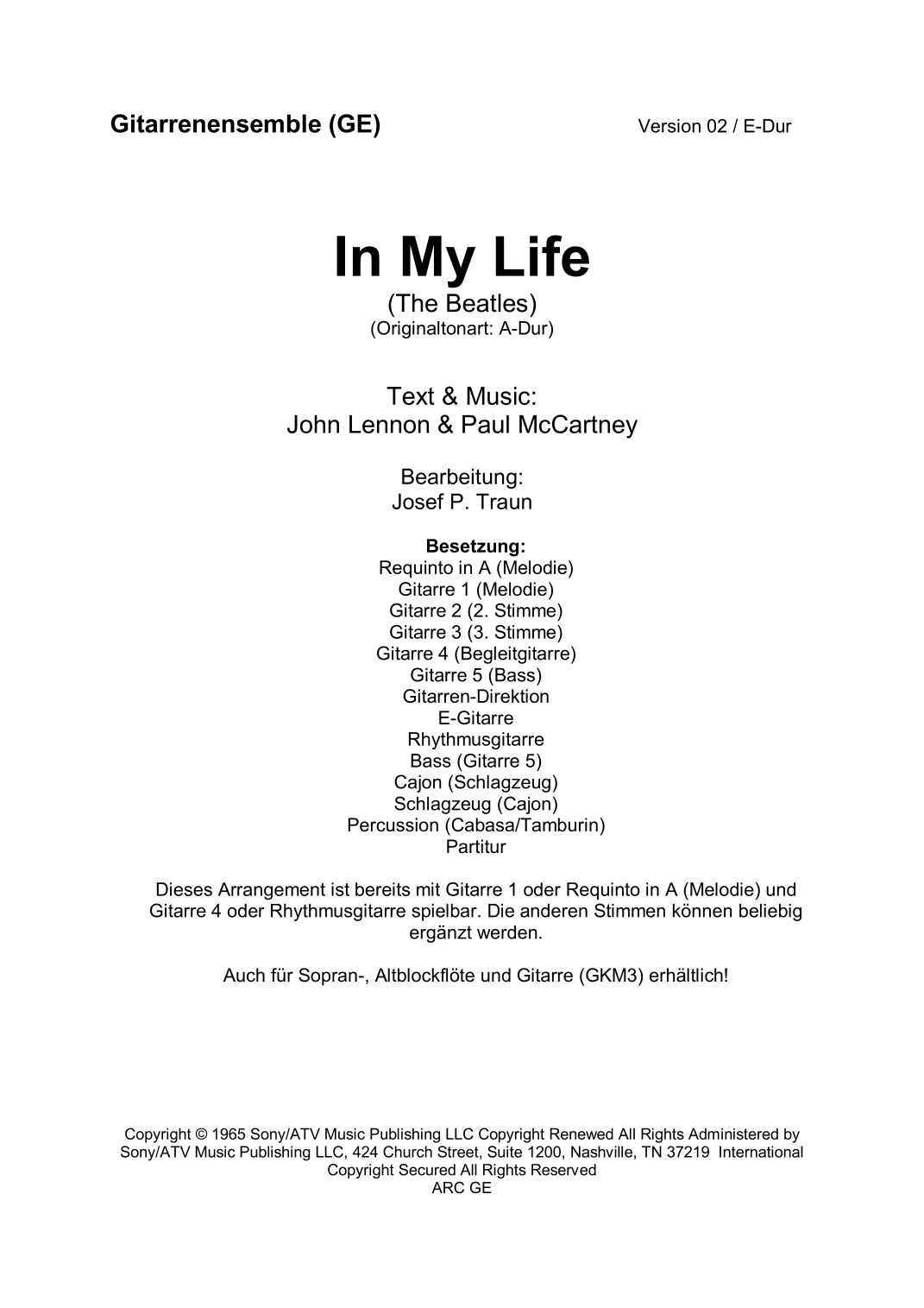 In My Life (arr. Josef Peter Traun)