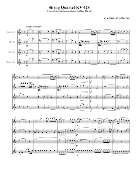 String Quartet KV 428 for Saxophone Quartet (arr. Diego Marani)