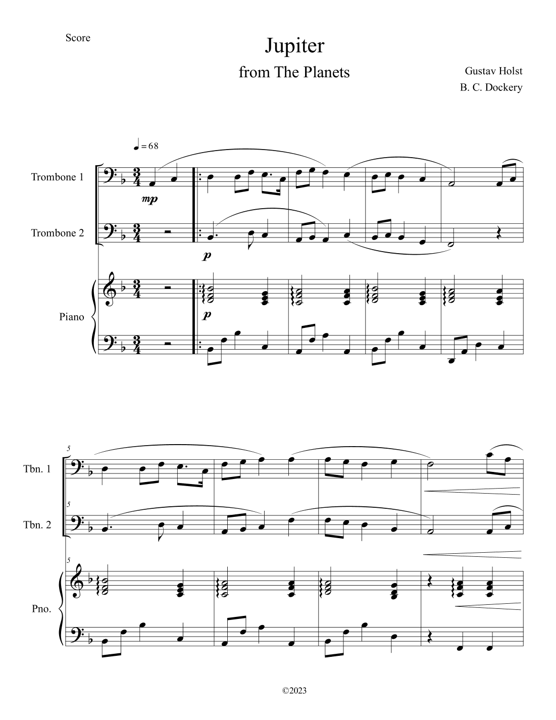 Jupiter (from The Planets) for Trombone Duet with Piano Accompaniment (arr. B. C. Dockery)